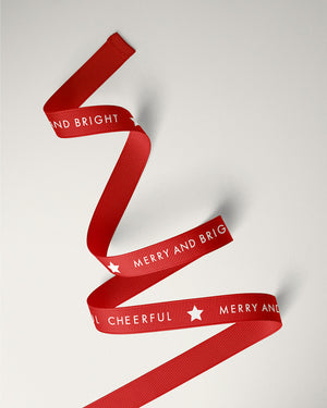 printed christmas ribbon on red, merry  and bright xmas ribbon