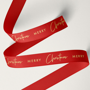 16mm Merry Christmas Grosgrain Gold on Red