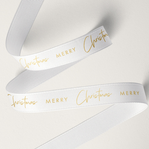 16mm Merry Christmas Grosgrain Gold on White