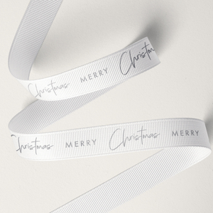 16mm Merry Christmas Grosgrain Silver on White