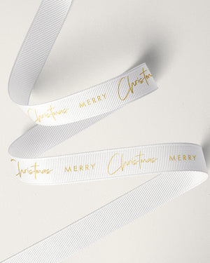 16mm Merry Christmas Ribbon Gold on White