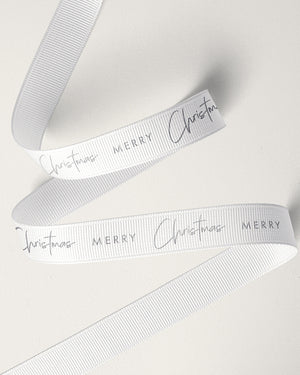 16mm Merry Christmas Ribbon Silver on White